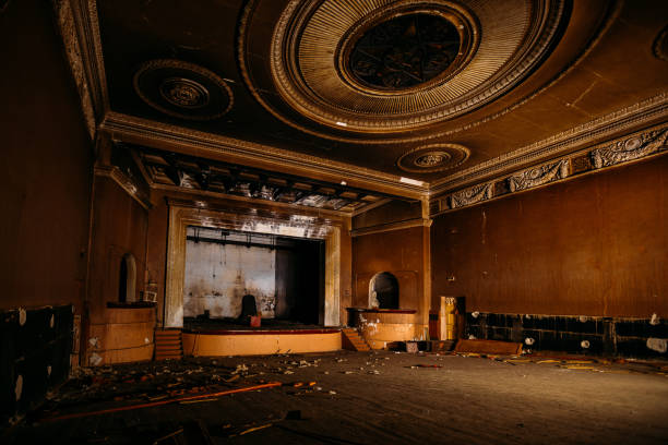 istock Old burnt creepy abandoned ruined haunted theater 1222483014