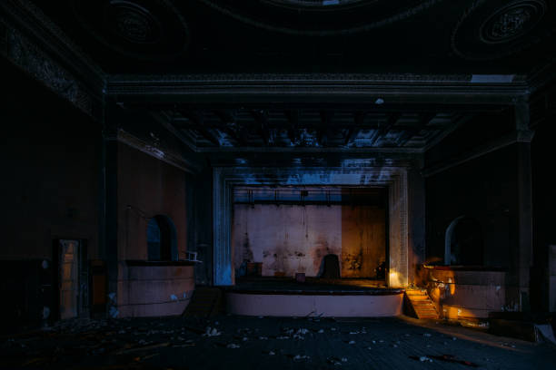 istock Old burnt creepy abandoned ruined haunted theater 1222483017