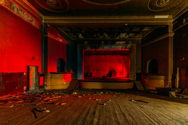 istock Old burnt creepy abandoned ruined haunted theater 1222483021
