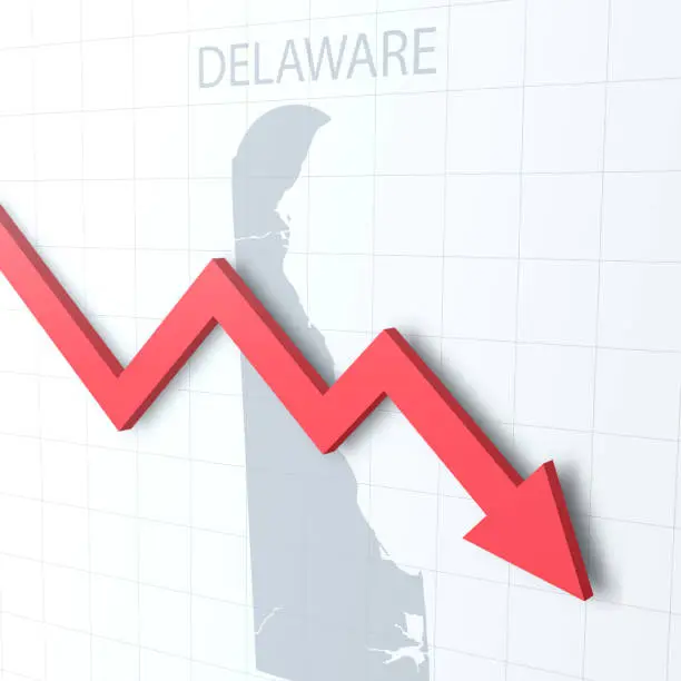 Vector illustration of Falling red arrow with the Delaware map on the background