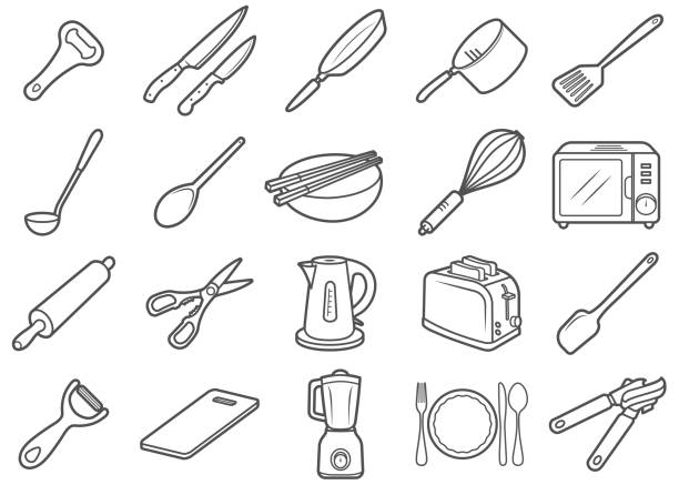 Cooking Line Icons Set There is a set of line icons/clip arts about kitchen tools and related stuffs. All objects are outlined. wooden spoon stock illustrations