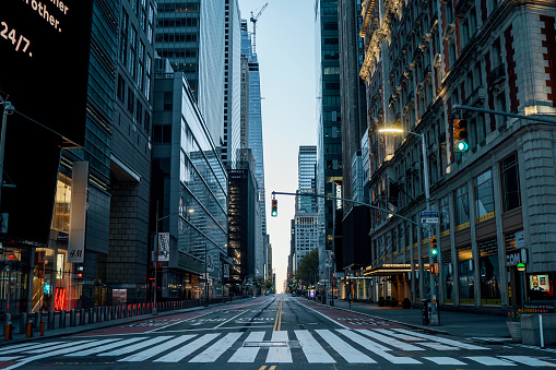 NEW YORK CITY, MANHATTAN - MAY 02, 2020: Empty streets of New York during Corona Virus Epidemic