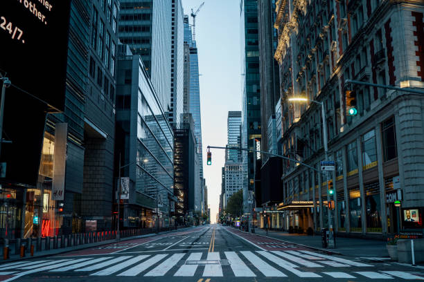 new york city, manhattan - may 02, 2020: empty streets of new york during corona virus epidemic - empty road imagens e fotografias de stock