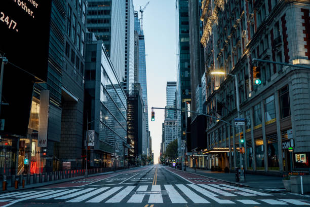 new york city, manhattan - may 02, 2020: empty streets of new york during corona virus epidemic - wall street stock exchange new york city new york stock exchange imagens e fotografias de stock