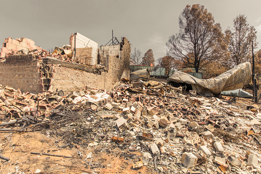 Pile of rubble from a destroyed house after forest fire swept through during Australian Bush Fires.