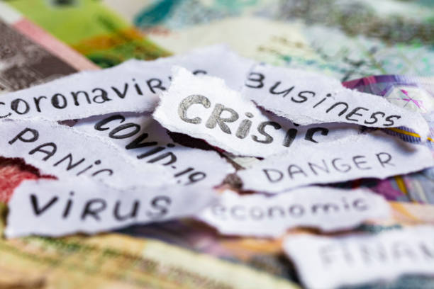 Fall of the financial market because of the coronavirus. Words written on paper located on paper money. Fall of the financial market because of the coronavirus. hong kong currency symbol stock pictures, royalty-free photos & images