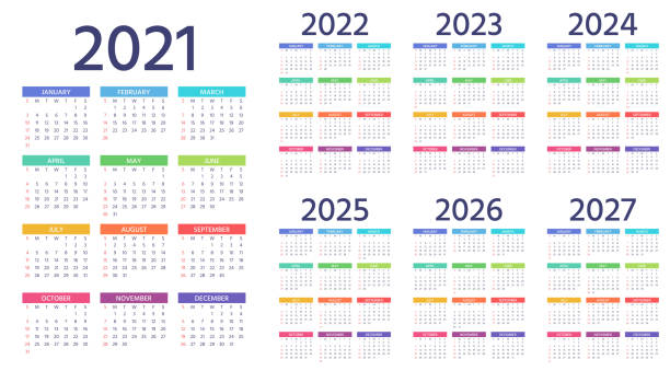 Calendar 2021, 2022, 2023, 2024, 2025, 2026, 2027 years. Week starts Sunday. Simple year template of pocket or wall calenders. Yearly organizer. Stationery color layout. Portrait orientation, English. Calendar 2021, 2022, 2023, 2024, 2025, 2026, 2027 years. Week starts Sunday. Simple year template of pocket or wall calenders. Yearly organizer. Stationery color layout. Portrait orientation, English. 2023 2022 stock illustrations