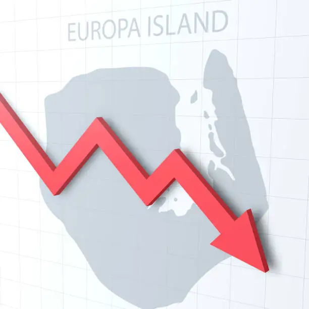 Vector illustration of Falling red arrow with the Europa Island map on the background