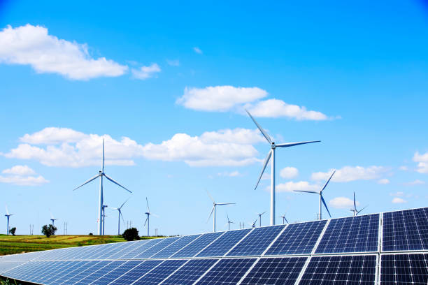 istock Solar photovoltaic panels and wind turbines 1222489646