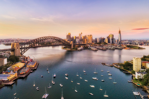 Aerial view of Harbour Bridge, Lavender Bay, Kirribilli and northern suburbs of Sydney, full frame horizontal composition
