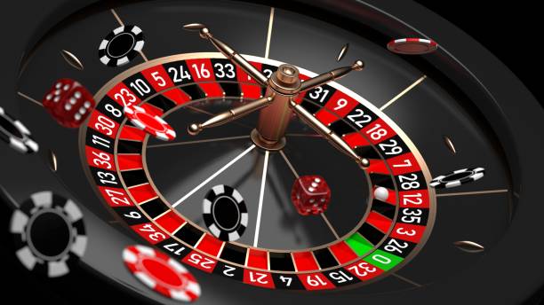 istock Roulette wheel with flying casino chips and dice 1222494397