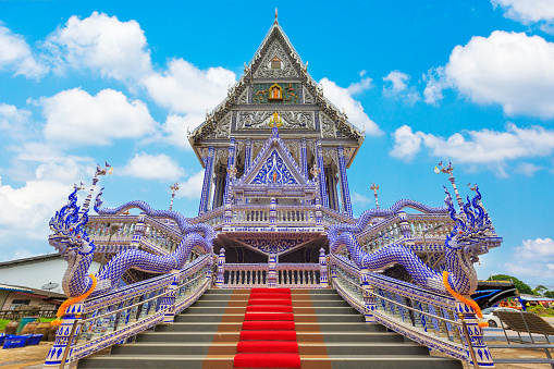 The Blue color Naga Statue in Pak Nam Khaem Nu temple  ,Province Chanthaburi   Thailand