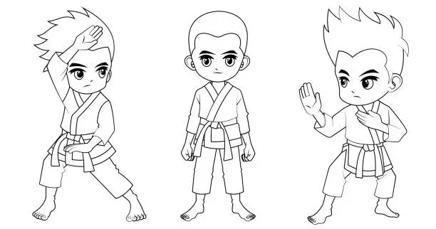 Vector illustration of Collection of cartoon karate kid