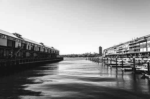 A boat dock in Sydney Australia in black and white.
