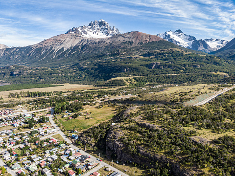 Aerial view of Cerro Castillo mountain range and Villa Cerro Castillo in the chilean Patagonia, southern Chile