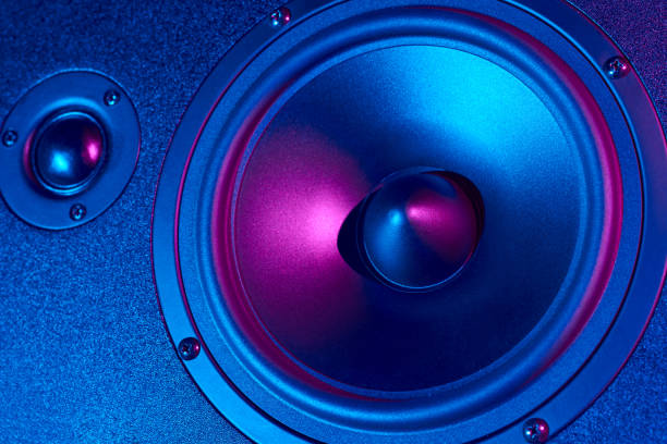 istock Sound audio speaker with neon lights. Dynamic monitor close up. Creative backgroound 1222505355