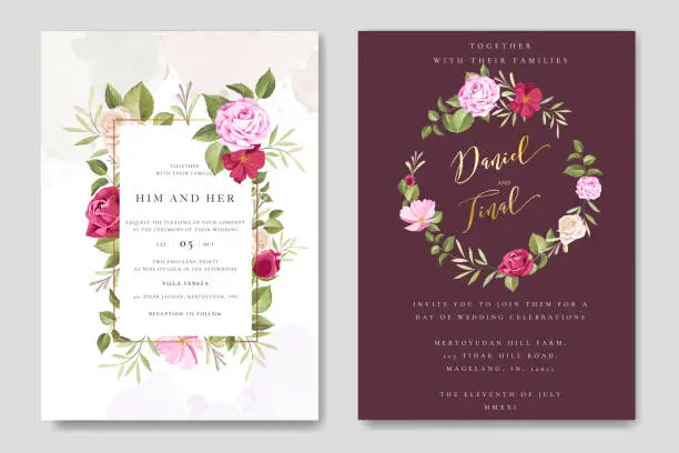 Vector illustration of elegant wedding invitation design with floral and leaves