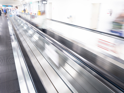 The skywalk with blurred business people in airport