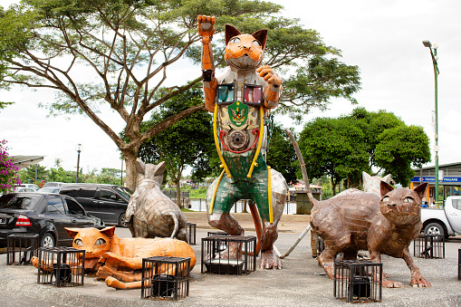 Kuching, Sarawak, Malaysia, January 4, 2019: View of Scrap Metal Cat Statue affectionally known as the Kucing Transformers