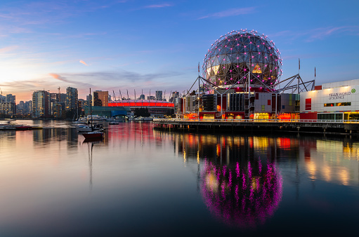 Vancouver, Canada - October 20, 2018 : Twilight Vancouver Downtown skyline of False Creek with World of Science and Stadium in British Columbia, Canada.