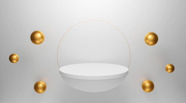 istock 3d rendering design. 3d white podium abstract background with flying geometric shapes for banner, display on website. Half sphere mockup, golden ring and sphere metal ball. Minimal interior. 1222513782
