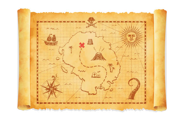 ilustraciones, imágenes clip art, dibujos animados e iconos de stock de ilustración vectorial del mapa del tesoro pirata antiguo - mapas de tesoros