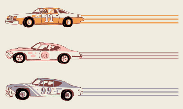 illustrazioni stock, clip art, cartoni animati e icone di tendenza di auto da corsa retrò disegnate a mano - 1970s style immagine