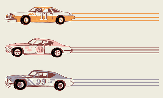 Hand drawn retro racing cars. Moving sport cars. Grand Prix background. Side View. The 1970's