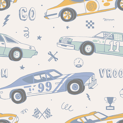 Racing cars seamless pattern. Hand-drawn muscle cars with isolated equipment and tools for racing. Pen graphic. Racing sport illustration. Background for boys.