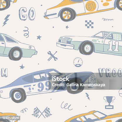 istock Seamless pattern for boys. Hand-drawn racing sport cars. Old fashion retro design. 1222518519