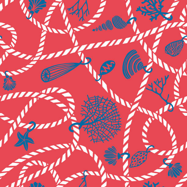 бесшовный морской веревочной узел шаблон смешивается с ювелирными изделиями из ракушек, кораллов, водорослей и морских звезд - seaweed seamless striped backgrounds stock illustrations