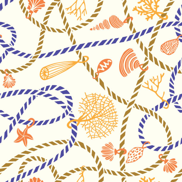 ilustrações de stock, clip art, desenhos animados e ícones de seamless marine rope knot pattern mixed with jewelry made of seashells, corals, algae and starfish - tangled rope tied knot backgrounds