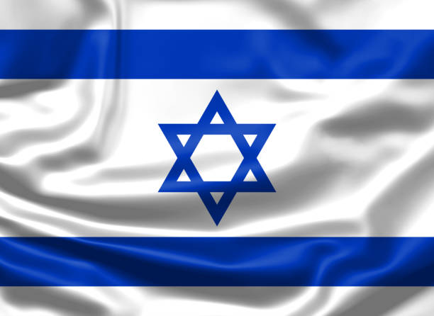 istock Realistic flag. Israel flag blowing in the wind. Background silk texture. 3d illustration. 1222521890