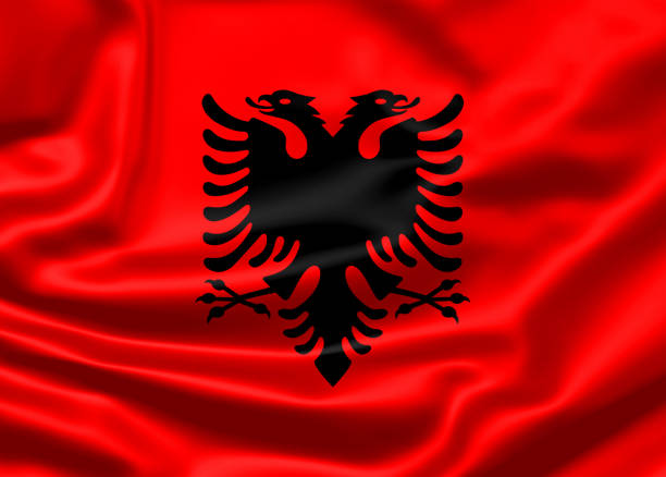 istock Realistic flag.Albania flag blowing in the wind. Background silk texture. 3d illustration. 1222521901