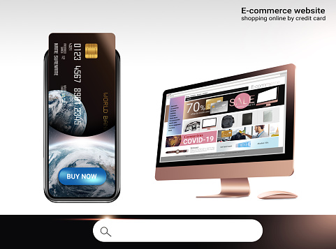 3d illustration, website e-commerce shopping online by app on smartphone pay by credit card design for banner. credit card and search bar icon on white background \n Elements of this image by NASA credit: https://earthobservatory.nasa.gov/images/146267/moisture-pummels-the-pacific-northwest