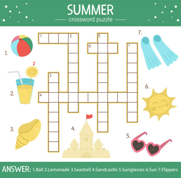 ilustrações de stock, clip art, desenhos animados e ícones de vector summer crossword puzzle for kids. simple quiz with beach objects for children. educational sea vacation activity with cute funny characters - 2640