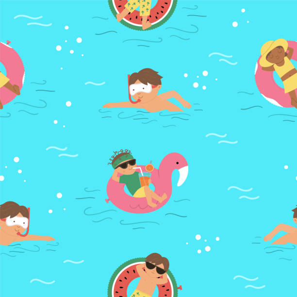 vektor nahtloses muster mit kindern auf aufblasbaren ringen. wiederholender hintergrund mit kindern, die auf den lustigen gummikreisen schweben.  schwimmausrüstung digitales papier. spaß sommer illustration - 2650 stock-grafiken, -clipart, -cartoons und -symbole