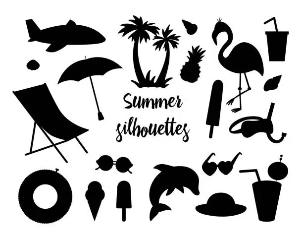 Vector illustration of Vector set of summer silhouettes isolated on white background. Cute flat illustration for kids with palm tree, plane, sunglasses, funny inflatable rings. Vacation beach black shaped objects