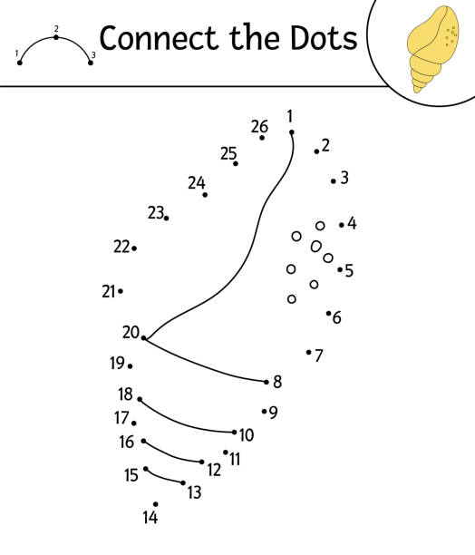 illustrations, cliparts, dessins animés et icônes de vector point-à-dot activité avec coquillage mignon. connectez le jeu des points. dessin de ligne de coquille de mer. drôle de page de coloriage d’été pour les enfants. - 2653