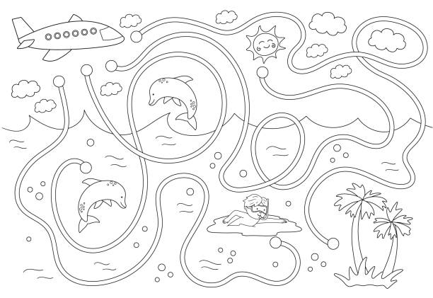 Summer black and white maze for children. Preschool exotic activity. Funny puzzle with cute airplane, swimming boy, dolphins. Help the plane fly to the tropical island. Holiday coloring game for kids Summer black and white maze for children. Preschool exotic activity. Funny puzzle with cute airplane, swimming boy, dolphins. Help the plane fly to the tropical island. Holiday coloring game for kids maze silhouettes stock illustrations