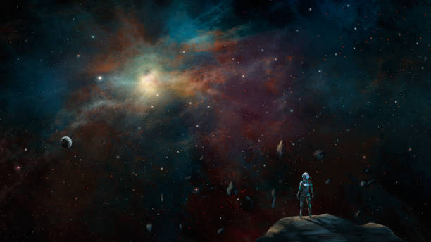 istock Space background. Sci-fi astronaut standing on asteroid with colorful nebula and planet 1222524278