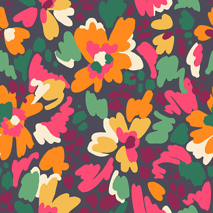 Floral seamless pattern in vintage style. Bright abstract flowers. Flower meadow. Multicolor brush strokes and brush spots. Simple botanical background. Flat design. Good for fashion, textile, fabric.