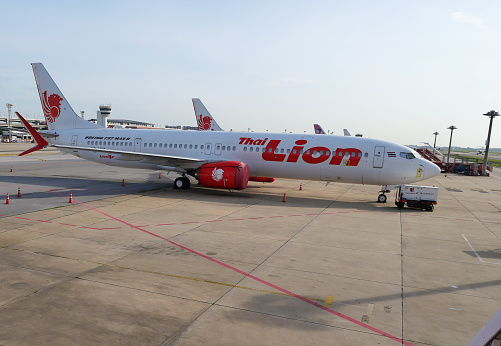 BANGKOK, THAILAND, JUL 13, 2019: Boeing 737 max of Thai lion-air was not allowed to fly because of two fatal crashes that killed many people