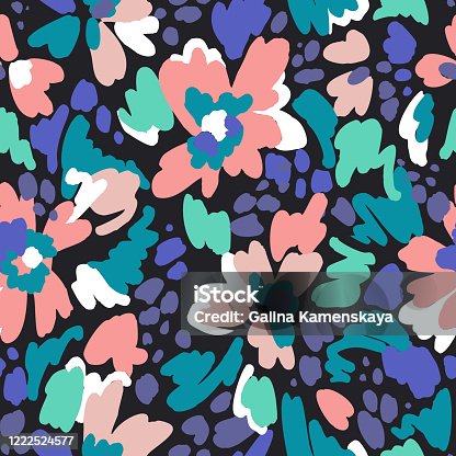 istock Floral seamless pattern. Geometric abstract flower shapes. Bright summer background. Flat cartoon style. 1222524577