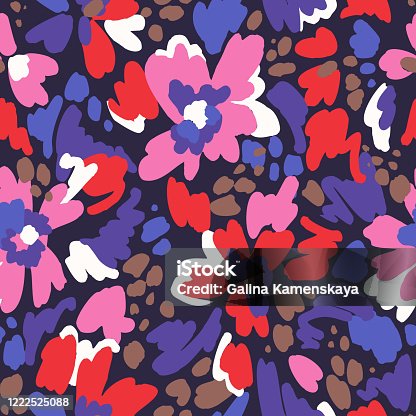 istock Floral seamless pattern. Geometric abstract flower shapes. Bright summer background. Flat cartoon style. 1222525088