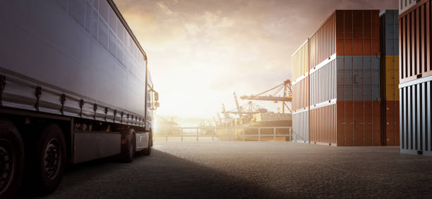 грузовик в контейнерном порту - industry truck semi truck trucking стоковые фото и изображения