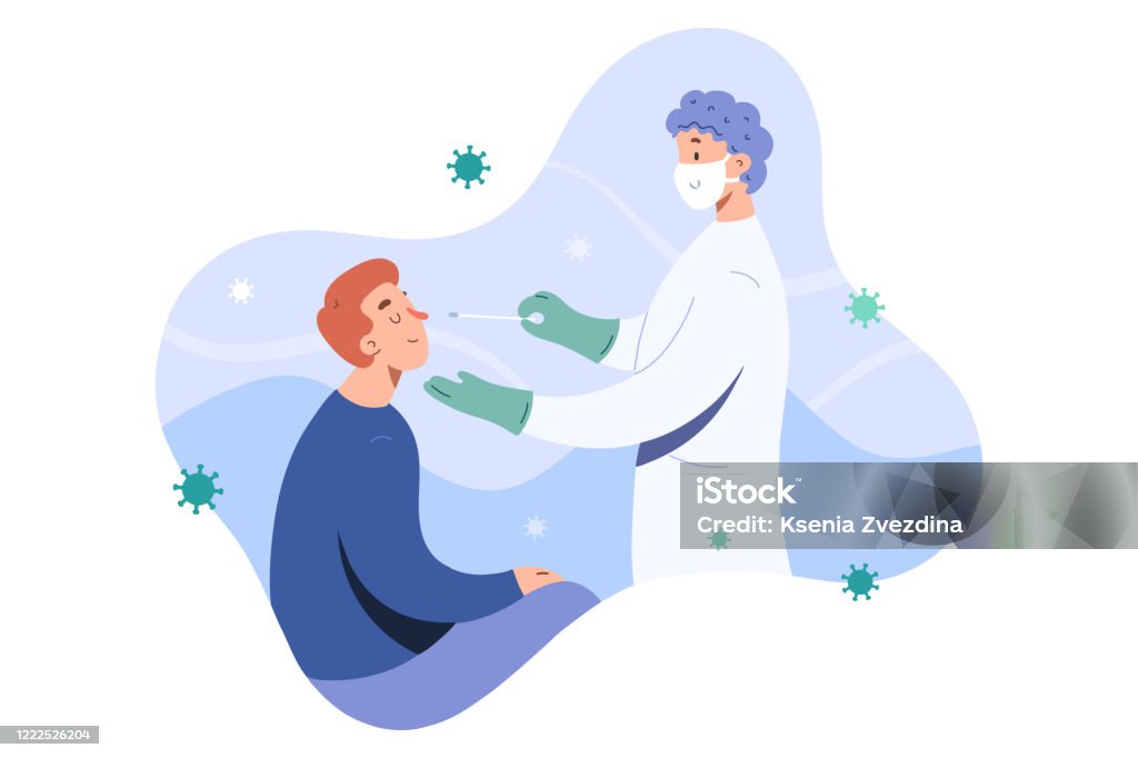 Covid test, doctor collects nose mucus by swab sample for covid-19 infection, patient being tested, lab analysis, medical checkup, flat cartoon vector illustration, friendly doctor in face mask - Royalty-free Coronavírus arte vetorial