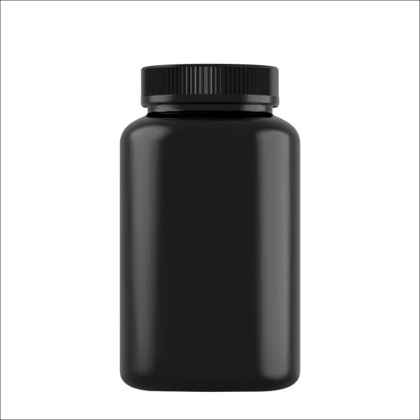 istock Realistic mock up black bottles for drugs, tablets. 3d Plastic blank medical containers isolated on white background. Vector illustration 1222526520