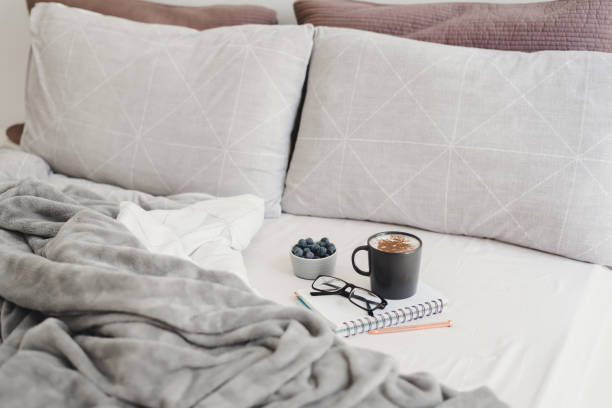 istock Light breakfast in bed. Working from bedroom: cappuccino coffee with cinnamon, blueberries, note book, pen and glasses. Work from bed concept 1222527126