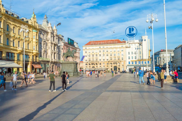 Zagreb, Croatia-August 15, 2018: People are walking around on Ban Jelacic Square in Zagreb
